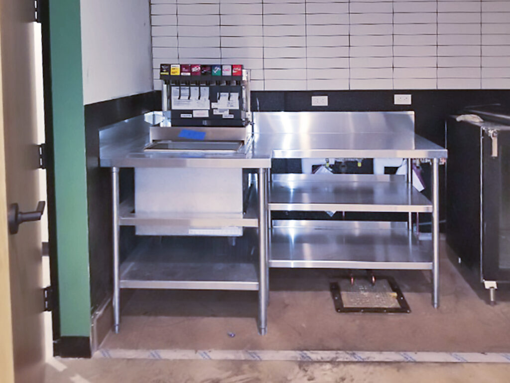 Stainless Steel Corner Work Table and Equipment Stand drain well