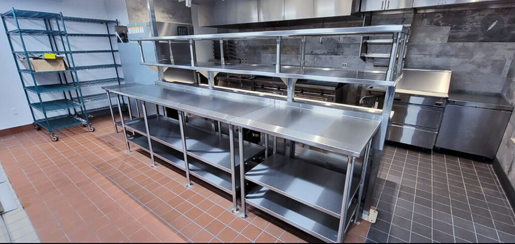 stainless work tables and over shelf